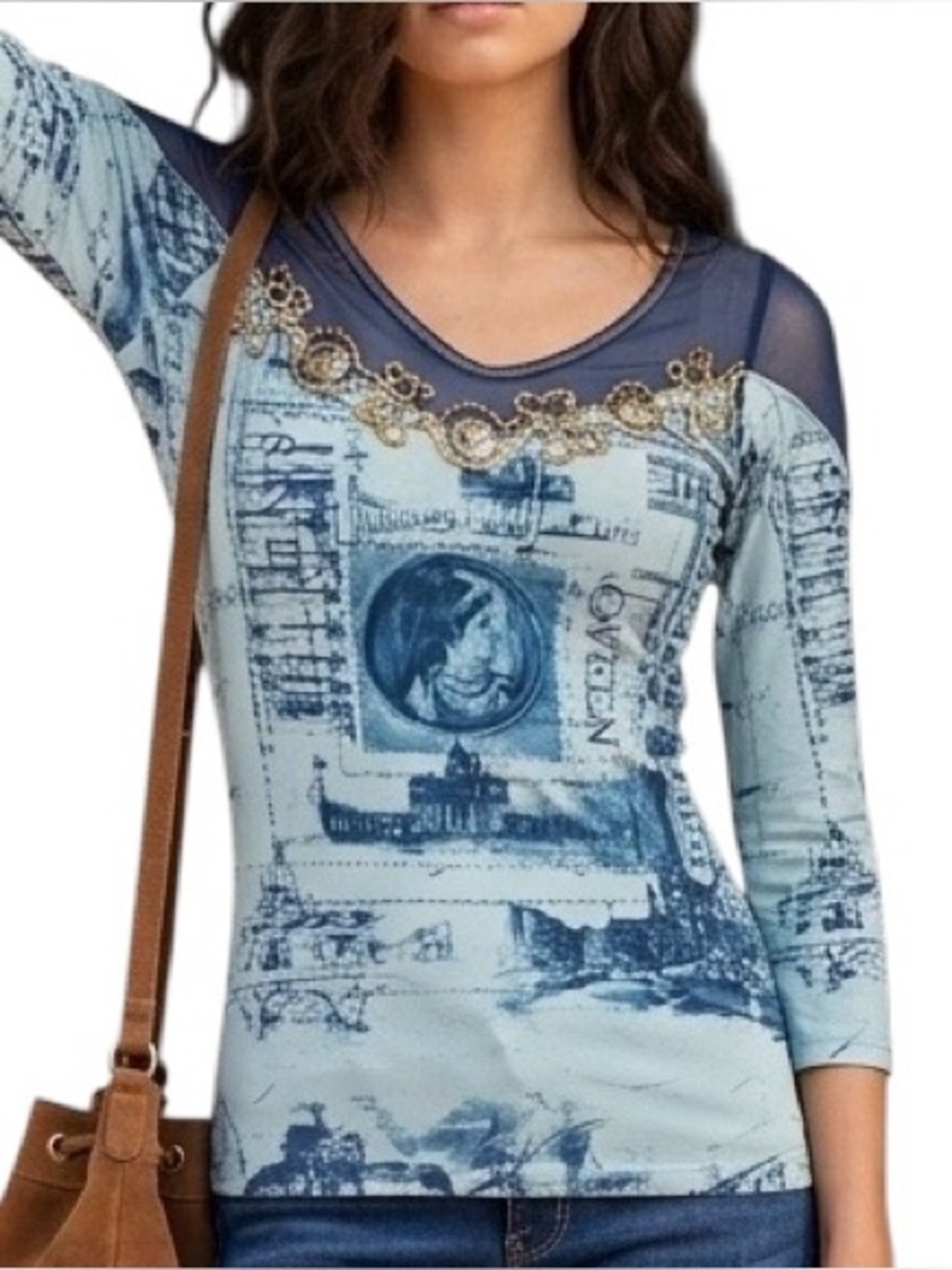 Save the Queen Vintage Graphic Top Sheer Panels Embellished 3/4 Sleeves Blues MS